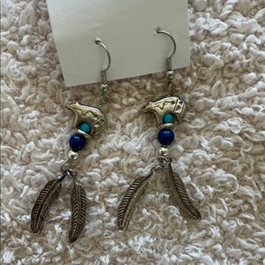 Silver and Blue Feather polar bear Dangle Earrings